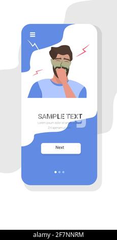 triste homme avec le visage pâle vomit nausée maux d'estomac nourriture ou intoxication à l'alcool problème digestif concept malheureux gars se sentant malade smartphone écran mobile Illustration de Vecteur