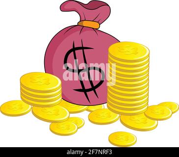 Sac d'argent et de pièces Sac de dollars isolé sur blanc arrière-plan Illustration de Vecteur