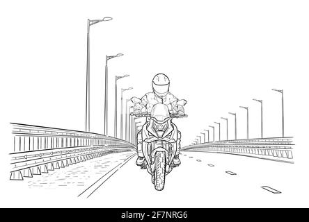 Illustration vectorielle dessinée à la main par la moto sur route Illustration de Vecteur