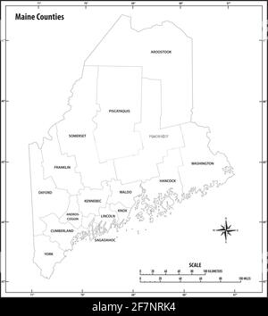 carte vectorielle administrative et politique de l'état du maine en noir et blanc Illustration de Vecteur