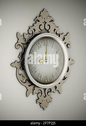 Horloge murale vintage accrochée au mur. Illustration 3D. Banque D'Images