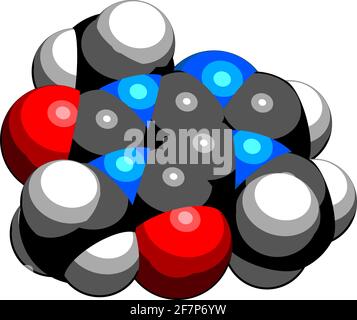 Molécule de stimulant de la caféine. Présente dans le café, le thé et beaucoup de boissons non alcoolisées et énergétiques. Formule squelettique stylisée (structure chimique) : les atomes sont représentés par un Illustration de Vecteur