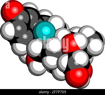 Dexaméthasone glucocorticoïde. Stéroïde aux propriétés anti-inflammatoires et immunosuppresseurs. Rendu 3D. Les atomes sont représentés par une sphère Illustration de Vecteur