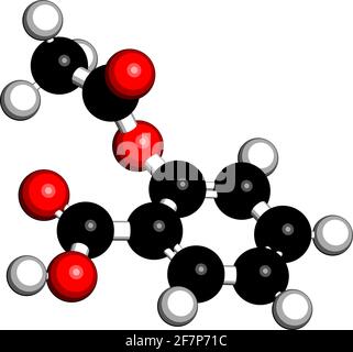 Molécule d'acide acétylsalicylique (aspirine). Rendu 3D. Les atomes sont représentés sous forme de sphères avec un codage couleur conventionnel : hydrogène (blanc), carbone Illustration de Vecteur