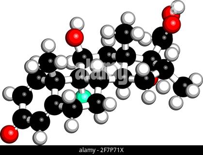 Dexaméthasone glucocorticoïde. Stéroïde aux propriétés anti-inflammatoires et immunosuppresseurs. Rendu 3D. Les atomes sont représentés par une sphère Illustration de Vecteur