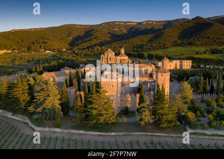 Vue aérienne de l'abbaye de Poblet, au coucher du soleil, parmi les vignobles (province de Tarragone, Catalogne, Espagne) ESP: Vues aéreas del Real Monasterio de Poblet Banque D'Images