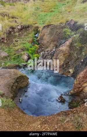 Piscine bleu grisâtre chaude dans la vallée de Reykjalur - une vallée géothermique avec rivière, chute d'eau, herbe verte, vapeur, sources chaudes, sources de soda, piscines de boue Banque D'Images