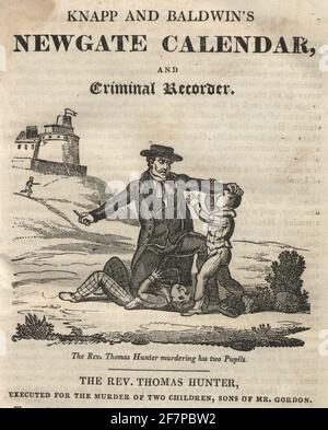 Scène du calendrier Newgate, le révérend Thomas Hunter assassine ses deux élèves, les fils de M. Gordon. Hunter a été exécuté par pendaison le 22 août 1700, près d'Édimbourg, en Écosse Banque D'Images