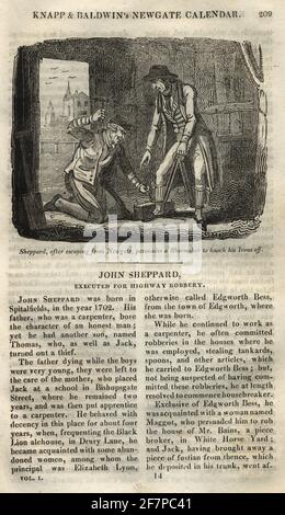 Dans le calendrier Newgate. Jack Sheppard (John), après s'être échappé de Newgate, persuade un cordonnier de frapper ses fers. Jack Sheppard (4 mars 1702 – 16 novembre 1724), ou « Honest Jack », était un célèbre voleur anglais et une évasion en prison du début du XVIIIe siècle à Londres. Banque D'Images