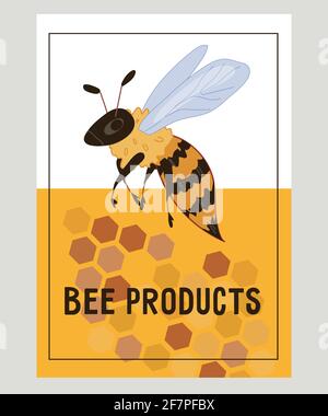 Bannière de produits d'abeille naturelle ou modèle de carte avec abeille, illustration vectorielle plate. Production de miel, apiculture et étiquette ou affiche apiaire, adverti Illustration de Vecteur