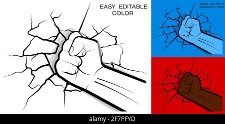 la puissante main de l'athlète s'est accrochée au poing et a brisé le mur. Fissures et fractures sur le mur dues à un puissant coup de main. Vecteur Illustration de Vecteur
