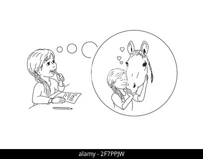 Fille étudiant test de fille d'école pense à la pensée bulle imagination fantasy cheval câlin petit coeur puissance animal aider à soutenir apprendre le stress surmontez Banque D'Images