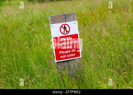 Un panneau en bois indiquant conservation Area, s'il vous plaît ne pas entrer, Angleterre, Royaume-Uni Banque D'Images