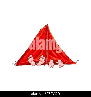 Tente pieds rouges regarder pieds nus dehors loisirs vacances camping tentes enfants en plein air matin femme couple nuit sommeil repos profiter alternative Banque D'Images