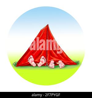 Tente pieds rouges regarder pieds nus dehors loisirs vacances camping tentes enfants en plein air matin femme couple nuit sommeil repos profiter alternative Banque D'Images