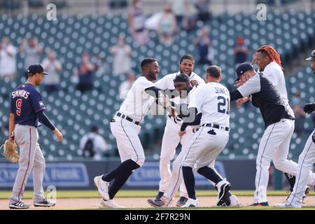 Detroit MI, USA. 13th Apr, 2022. Detroit center fielder Akil Baddoo (60)  before the game with Boston Red Sox and Detroit Tigers held at Comercia  Park in Detroit Mi. David Seelig/Cal Sport