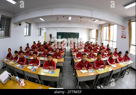 (210409) -- DENGFENG, 9 avril 2021 (Xinhua) -- les joueurs de l'équipe de hockey sur glace Shaolin Tagou prennent une classe à l'école d'arts martiaux Shaolin Tagou, Dengfeng City, dans la province de Henan, au centre de la Chine, le 31 mars 2021. Shaolin Tagou Martial Arts School, à quelques kilomètres du temple de Shaolin, lieu de naissance de Shaolin Kung Fu, construit son équipe de hockey sur glace. Les élèves apprennent le sport sur des patins à roulettes dans une patinoire de taille standard recouverte de plancher, au lieu de glace. La pratique des arts martiaux renforce leur physique et leur procure des qualités athlétiques dont le hockey sur glace a besoin, a déclaré la direction de l'entraînement Banque D'Images