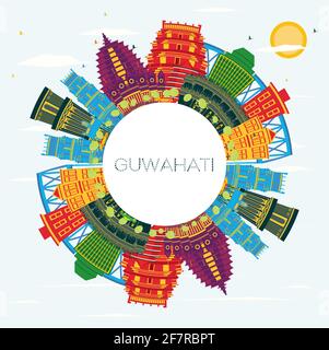 Guwahati India City Skyline avec bâtiments couleur, ciel bleu et espace de copie. Illustration vectorielle. Concept de voyage et de tourisme avec architecture historique. Illustration de Vecteur