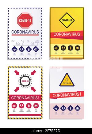 L'ensemble de prospectus de protection d'une menace de coronavirus comporte des signes d'avertissement, des logos, un acronyme de COVID-19 et un ensemble d'icônes. Le concept est la santé. Illustration de Vecteur