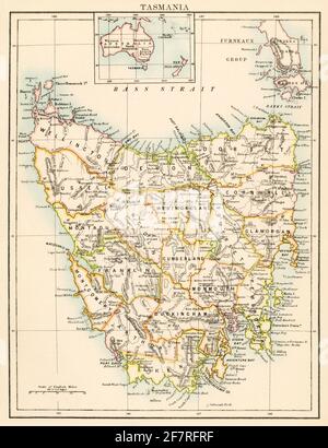 Carte de Tasmanie, 1870. Lithographie de couleur Banque D'Images