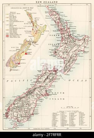 Carte de Nouvelle-Zélande, 1870. Lithographie de couleur Banque D'Images