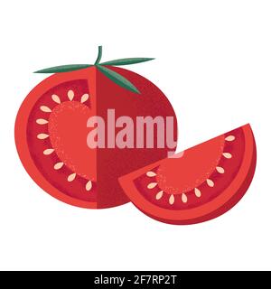 Tomate rouge avec des feuilles et une tranche dans le style d'un plat moderne avec une texture grunge bruyante. Légumes pour le régime méditerranéen ou végétalien . Stock ve Illustration de Vecteur