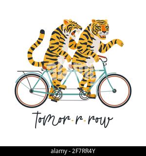 Les tigres sont en tandem. Illustration vectorielle sur fond blanc. Carte pour enfants, autocollant, invitation à la fête, imprimé pour les vêtements pour adolescents Illustration de Vecteur