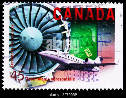 MOSCOU, RUSSIE - le 17 JANVIER 2021 : le timbre-poste imprimé au Canada montre Aerospace Technology, série High Technology Industries, vers 1996 Banque D'Images