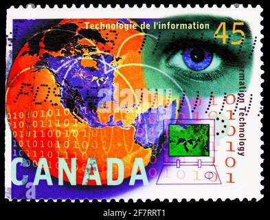 MOSCOU, RUSSIE - le 17 JANVIER 2021 : le timbre-poste imprimé au Canada présente la série technologies de l'information, industries de haute technologie, vers 1996 Banque D'Images