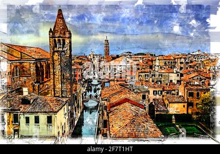 Vue spectaculaire sur Fondamaenta Alberti et Chiesa San Barnaba. Venise, Italie. Illustration d'esquisse artistique. Banque D'Images