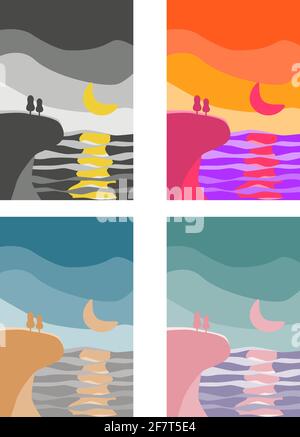 Paysage abstrait fond coloré. Ensemble d'affiches d'art de la montagne et de la mer pour illustrations vectorielles Illustration de Vecteur