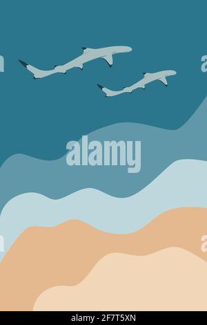 Deux requins de récif nageant près de la mer sur un arrière-plan abstrait de paysage marin, sable, illustration de vecteur d'eau Illustration de Vecteur