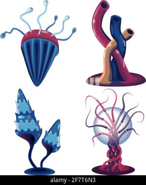 Ensemble de champignons de fantaisie insolite. Vecteur magie nature éléments, isolés sur blanc. Couleurs d'espace. Éléments étrangers Illustration de Vecteur