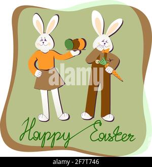 Joyeux Pâques carte postale lapin, oeufs, carotte, une ligne texte illustration vectorielle Illustration de Vecteur