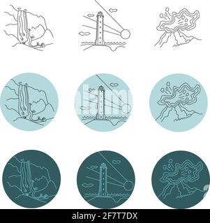 Ensemble d'icônes linéaires Iceland éléments, cascade, lumière, volcan vecteur illustration Illustration de Vecteur