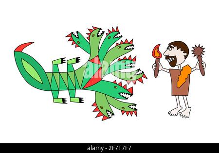 Deuxième travail d'illustration de vecteur Hercules, bataille avec Lernean hydra mâle de style dessiné à la main contre l'illustration de vecteur de créature semblable à un serpent Illustration de Vecteur