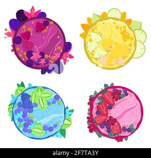 Ensemble d'illustrations vectorielles de bols à smoothies isolés. Petit déjeuner savoureux et sain. Fruits, baies, graines et noix. Nourriture biologique utile pour les légumes Illustration de Vecteur