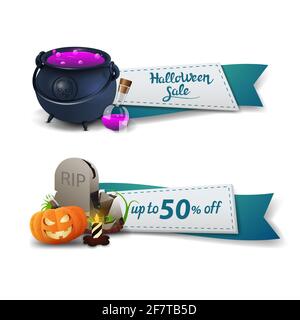 Vente d'Halloween, deux bannières de réduction sous forme de rubans avec pot de sorcière avec potion, pierre tombale et citrouille Jack Banque D'Images