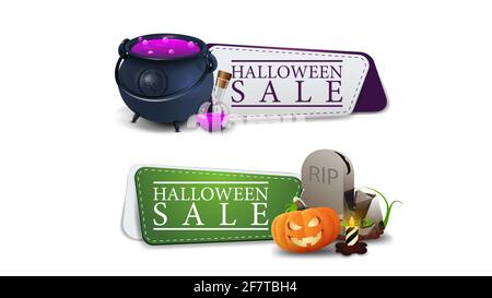 Solde Halloween, deux bannières à prix réduit cliquables avec potion, pierre tombale et citrouille Jack Banque D'Images