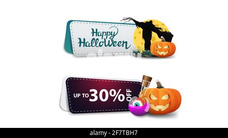 Soldes d'Halloween, jusqu'à 30 rabais, deux bannières à prix réduit cliquables avec Scarecrow et citrouille Jack Banque D'Images