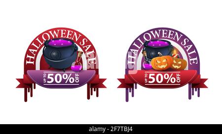 Solde Halloween, -50 $ de rabais, deux bannières de rabais rondes avec pot de sorcière et citrouille Jack Banque D'Images