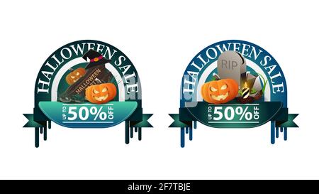 Solde Halloween, -50 $ de rabais, deux bannières de rabais rondes avec pierre tombale et citrouille Jack Banque D'Images