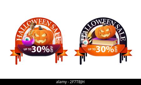 Solde Halloween, -30 $ de rabais, deux bannières de rabais rondes avec livre de sorcière, potion de sorcière et citrouille Jack Banque D'Images