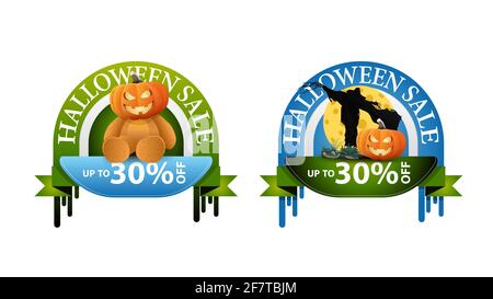 Soldes d'Halloween, -30 $ de rabais, deux bannières rondes avec ours en peluche avec tête de citrouille Jack et laque scarecrow Banque D'Images