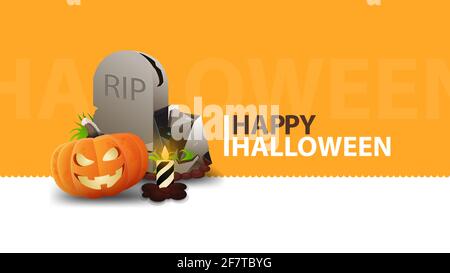 Joyeux Halloween, carte postale moderne orange avec motif créatif, pierre tombale et citrouille Jack. Design minimaliste Banque D'Images