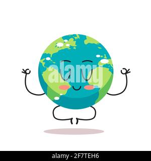 adorable personnage de terre assis lotus pose cartoon mascotte globe personnage save planet méditation concept isolé Illustration de Vecteur