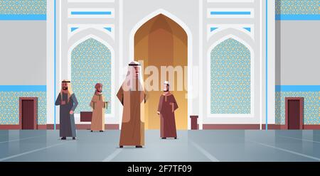 des hommes arabes qui viennent à la mosquée de nabawi pour construire le concept de religion musulmane arabe dans les vêtements traditionnels ramadan kareem saint mois horizontal plat plein Illustration de Vecteur