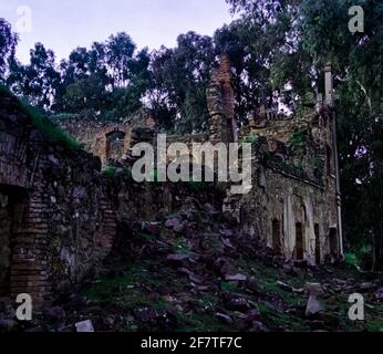 D'immenses ruines d'un ancien château abandonné détruit dans le forêt Banque D'Images