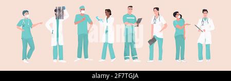 équipe médicale de l'hôpital médecins infirmières chirurgiens en médecine uniforme concept de soins de santé horizontal pleine longueur Illustration de Vecteur