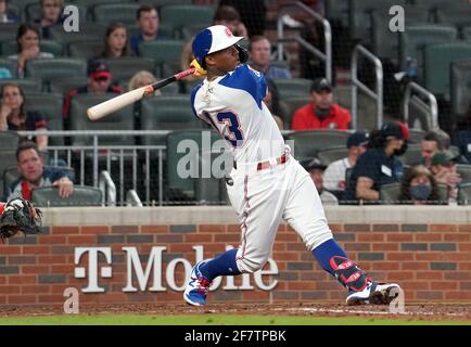 Atlanta, États-Unis. 09e avril 2021. Atlanta Braves batte Ronald Acuna, Jr. Atteint une course à domicile à deux feux dans le cinquième repas le jour d'ouverture contre les Phillies de Philadelphie au Truist Park à Atlanta, le vendredi 9 avril 2021. Photo de Tami Chappell/UPI crédit: UPI/Alay Live News Banque D'Images